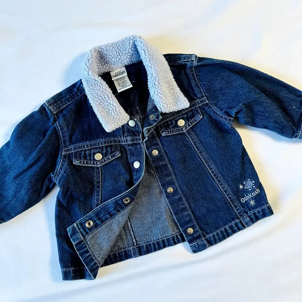 Vintage Baby OshKosh Winter Snowflake Denim Jacket w/ Purple Sherpa Collar